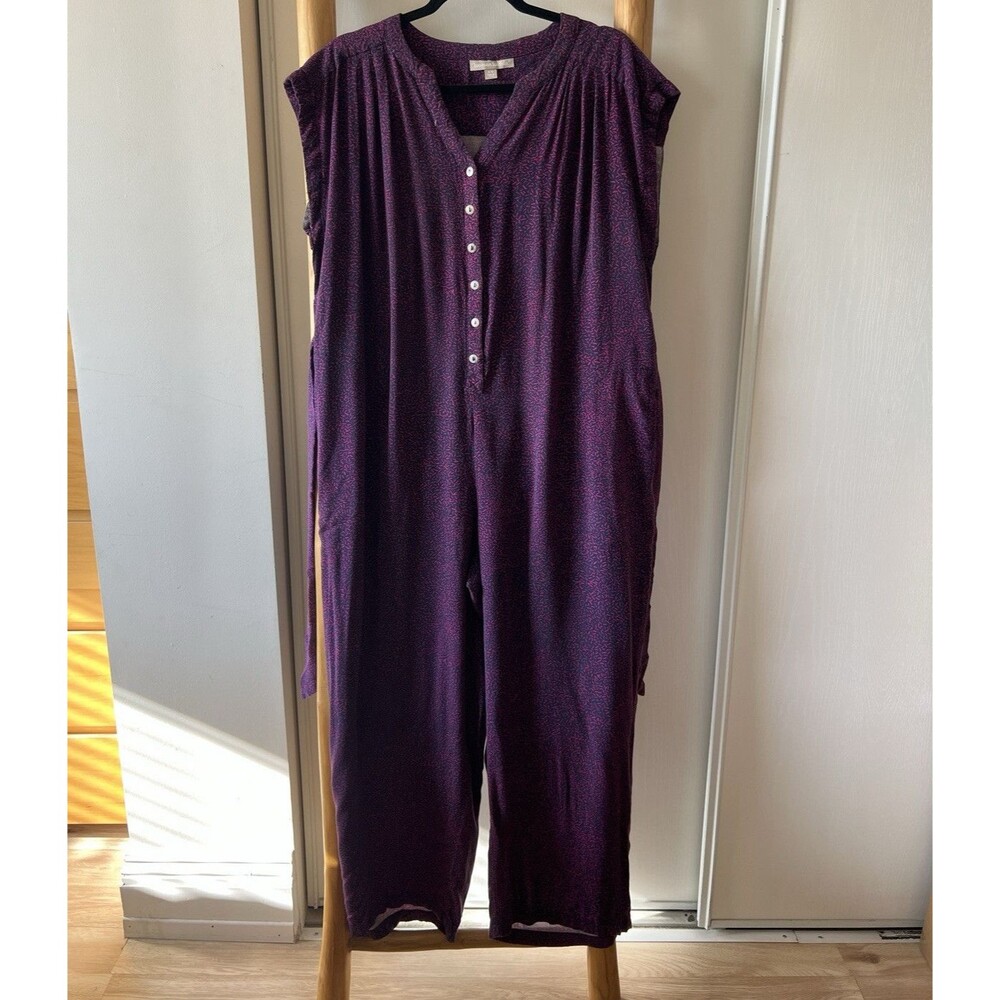 Woman Within Purple Pink Abstract V-Neck Short Sleeve Belted Jumpsuit 18W
